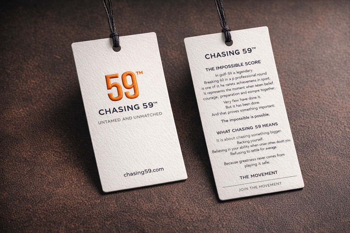 Design render of the CHASING 59 swing tag telling the story of the impossible score