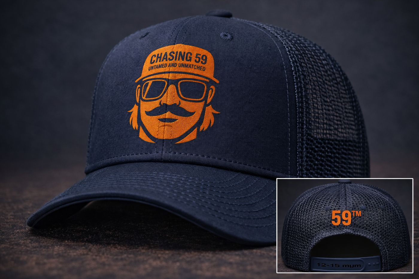 Design render of the navy cap with the orange CHASING 59 figurehead embroidered on the front