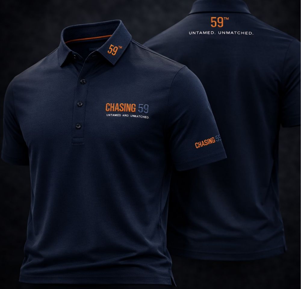 Design render of the navy CHASING 59 golf shirt, front and back